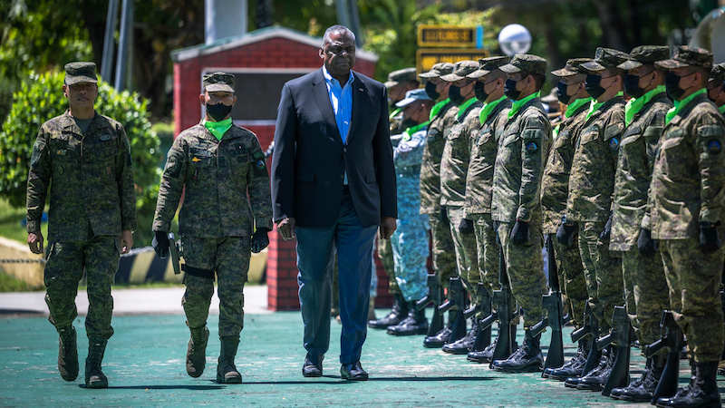 Secretary of Defense Lloyd J. Austin III is welcomed to Camp Navarro, Zamboanga, Philippines, Feb. 1, 2023. Photo Credit: Chad McNeeley, DOD