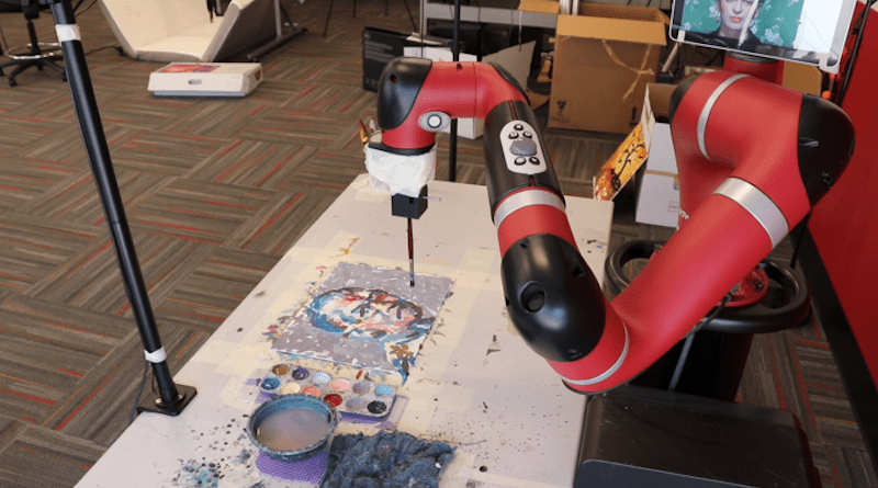 FRIDA, a collaborative robotics and art project at Carnegie Mellon University’s Robotics Institute, works on a painting. CREDIT: Carnegie Mellon University