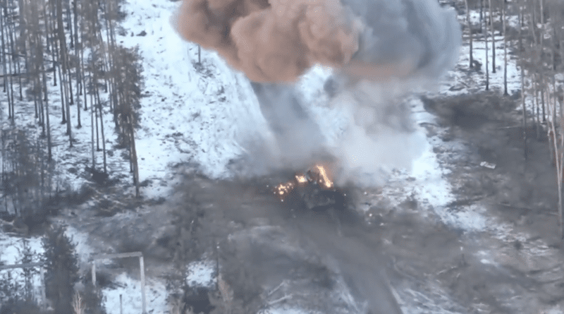 Ukrainian forces destroy a Russian "Terminator" tank support fighting vehicle. Photo Credit: Ukraine Defense Ministry video screenshot