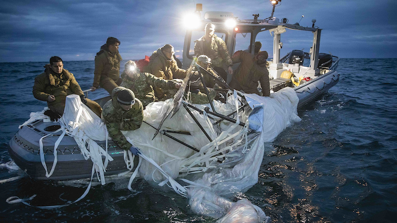 US Navy recovers a high-altitude Chinese surveillance balloon off the coast of Myrtle Beach, South Carolina. Photo Credit: U.S. Navy Photo by Mass Communication Specialist 1st Class Tyler Thompson