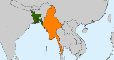 Locations of Bangladesh (green) and Myanmar (Burma). Credit: Wikipedia Commons