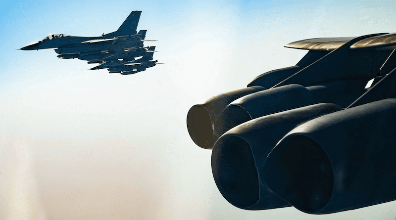 Three Bahraini air force F-16 Fighting Falcons escort a U.S. Air Force 23rd Expeditionary Bomb Squadron B-52H Stratofortress over the Persian Gulf in support of a bomber task force mission, Sept. 4, 2022. Photo Credit: Air Force Senior Airman Michael Richmond