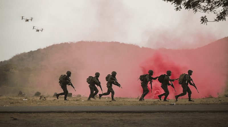 U.S. Marines assault the beach as part of the amphibious beach landing at Hat Yao Beach, Thailand, during Cobra Gold 2020. Photo Credit: Staff Sgt. Jordan E. Gilbert, Wikipedia Commons