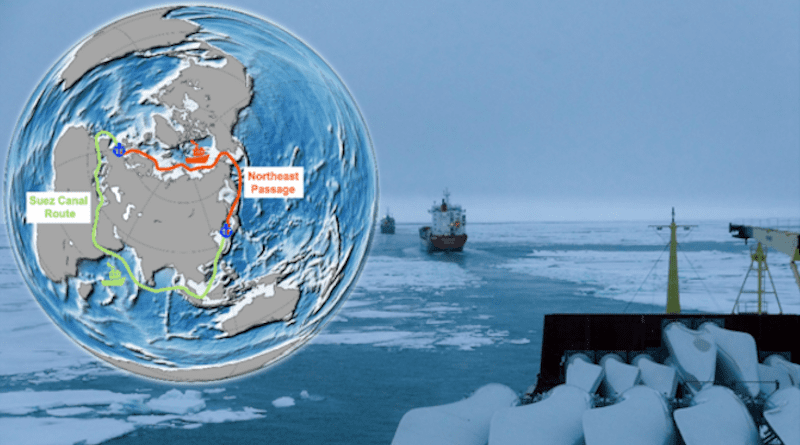 Photograph of the “Yong Sheng” sailing through the Arctic Northwest Passage. The orange line on the inset map shows the route of the Northeast Passage, which is considerably shorter than the traditional Suez Canal route (green line). CREDIT The background photo was taken by Guangfeng Wu/ COSCO on August 3, 2016