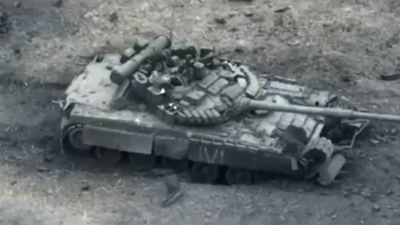 A destroyed Russian tank in Vuhledar. Photo Credit: Ukraine Defense Monitor video screenshot