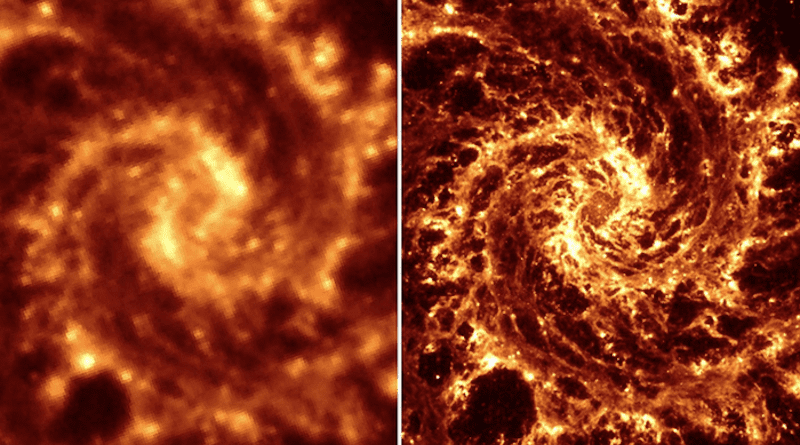 A side-by-side comparison of NGC 628 (Phantom Galaxy) images taken from the Spitzer Space Telescope (l) and JWST (r) show a remarkable increase in clarity and detail. CREDIT: SST cr: NASA/JPL-CalTech; JWST cr: NASA, ESA, CSA, STScI