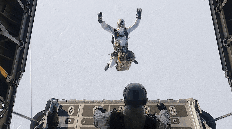 Navy SEALs conduct High Altitude Low Opening airborne operation in support of exercise Arctic Edge 2022, in Deadhorse, Alaska, March 4, 2022 (U.S. Navy)