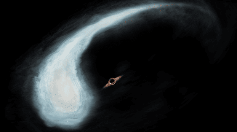 Artist’s Impression of the “Tadpole” Molecular Cloud and the black hole at the gravitational center of its orbit. (Credit: Keio University)