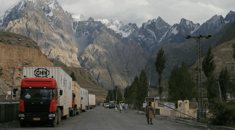 Trucks conducting trade between China and Pakistan via the Karakoram Highway. Photo Credit: Anthony Maw, Wikipedia Commons