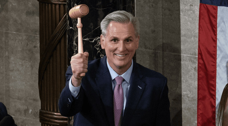 Speaker of the House Kevin McCarthy holds gavel following his election. Photo Credit: Speaker of the House Kevin McCarthy, Wikipedia Commons