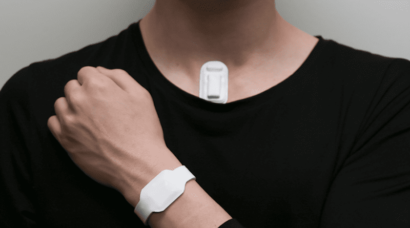 Developed by biomedical engineers and opera singers, the small, soft, flexible, wireless device sits on upper chest to monitor vocal activity in real time. When the user nears their vocal budget, an accompanying haptic device (located on the risk) vibrates an alert. CREDIT: Northwestern University