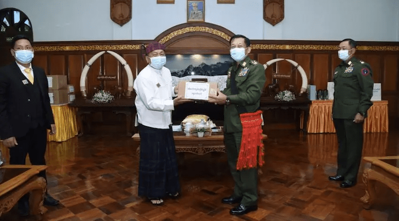 Former Kachin Baptist Convention chairperson Rev. Hkalam Samson (left) meeting with Myanmar army generals in Myitkyina, Myanmar, in December 2020. Source: Senior General Min Aung Hlaing website