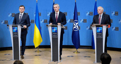 Ukraine’s Foreign Minister Dmytro Kuleba with NATO Secretary General Jens Stoltenberg and EU High Representative Josep Borrell. Photo Credit: NATO