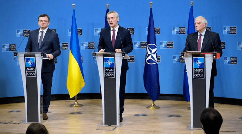 Ukraine’s Foreign Minister Dmytro Kuleba with NATO Secretary General Jens Stoltenberg and EU High Representative Josep Borrell. Photo Credit: NATO