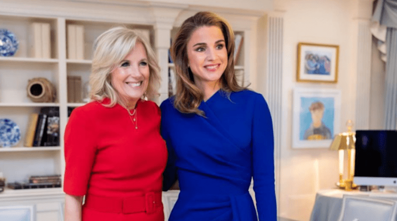 Jordan’s Queen Rania and US First Lady Dr. Jill Biden are pictured at the White House. (Queen Rania)