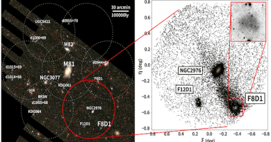 (Left) M81 Group survey footprint (white and red circles) overlaid on a Sloan Digital Sky Survey image. (Right) The spatial distribution of red giant branch stars at the same distance as F8D1 in the field delineated by the red circle in the left panel. The upper right image is a zoom in on the main body of the F8D1 galaxy. CREDIT: NAOJ
