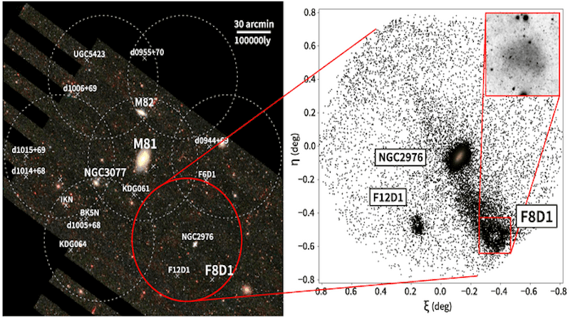 (Left) M81 Group survey footprint (white and red circles) overlaid on a Sloan Digital Sky Survey image. (Right) The spatial distribution of red giant branch stars at the same distance as F8D1 in the field delineated by the red circle in the left panel. The upper right image is a zoom in on the main body of the F8D1 galaxy. CREDIT: NAOJ