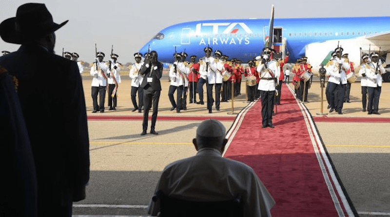 Pope Francis landed in South Sudan on Feb. 3, 2023, becoming the first pope to visit the country and fulfilling a yearslong hope to carry out an ecumenical trip to the war-torn country. | Vatican Media