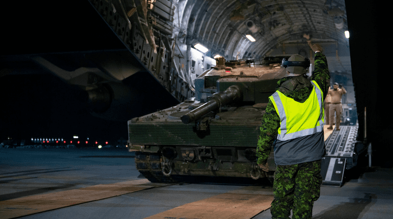 A Canadian Leopard 2 main battle tank to be delivered to Ukraine arrives in Poland. Photo Credit: Canadian government, Ukraine Defense Ministry