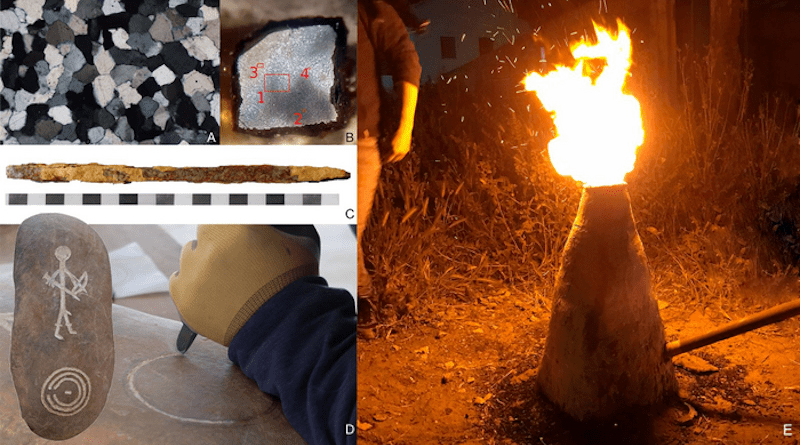 Using geochemicalanalyses, the researchers were able to prove that stone stelae on the Iberian peninsula that date back to the Final Bronze Age feature complex engravings that could only have been done using tempered steel. This was backed up by metallographic analyses of an iron chisel from the same period and region that showed the necessary carbon content to be proper steel. CREDIT Rafael Ferreiro Mählmann (A), Bastian Asmus (B), Ralph Araque Gonzalez (C-E). University of Freiburg