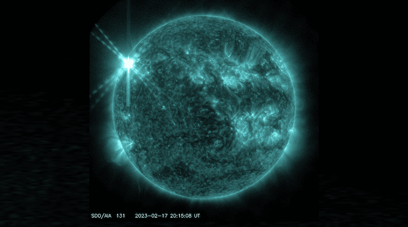 NASA’s Solar Dynamics Observatory captured this image of a solar flare – as seen in the bright flash in the upper left – on Feb. 17, 2023. The image shows a subset of extreme ultraviolet light that highlights the extremely hot material in flares and which is colorized in teal. Credit: NASA/SDO
