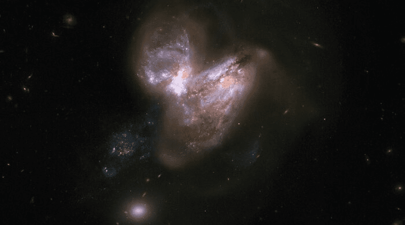 This system consists of a pair of galaxies, dubbed IC 694 and NGC 3690, which made a close pass some 700 million years ago. As a result of this interaction, the system underwent a fierce burst of star formation. In the last fifteen years or so six supernovae have popped off in the outer reaches of the galaxy, making this system a distinguished supernova factory. CREDIT NASA, ESA, the Hubble Heritage Team (STScI/AURA)-ESA/Hubble Collaboration and A. Evans (University of Virginia, Charlottesville/NRAO/Stony Brook University)