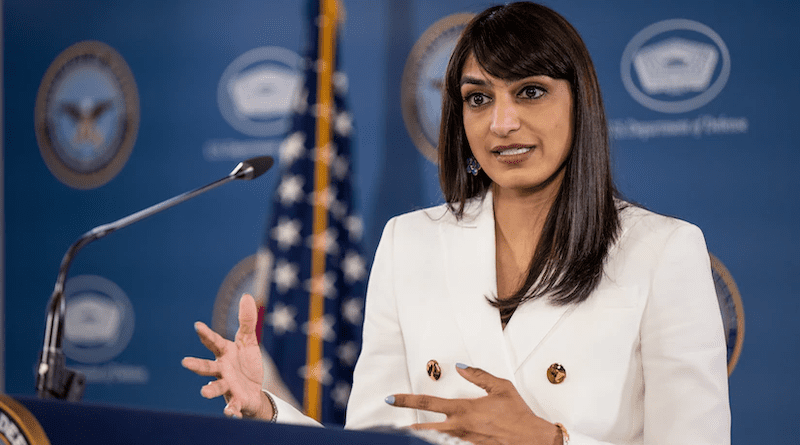 Deputy Pentagon Press Secretary Sabrina Singh speaks during an on-camera press briefing at the Pentagon. Photo Credit: Air Force Tech. Staff Sgt. Jackie Sanders