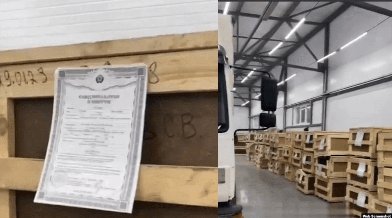 Screengrabs from a viral video that purportedly shows makeshift wooden coffins with death certificates tacked onto each one at Tolmachevo Airport in the Siberian city of Novosibirsk. Credit: RFE/RL