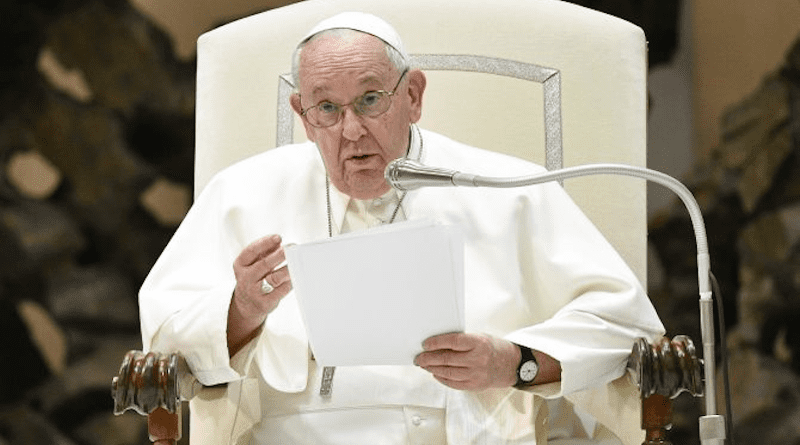 Pope Francis speaks at the general audience in Vatican City's Paul VI Hall on Feb. 22, 2023. | Vatican Media