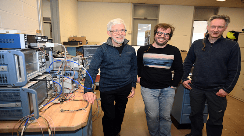 Paul O'Connor, Anže Slosar, and Sven Herrmann (pictured left to right) are shown in the instrumentation lab at Brookhaven where the team is developing LuSEE-Night's spectrometer, the heart of the instrument. CREDIT: Brookhaven National Laboratory