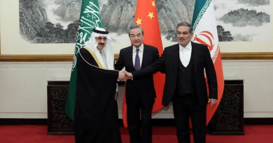Member of the Council of Ministers of Saudi Arabia Musaid Al Aiban, with the Director of the Office of the Central Foreign Affairs Commission of the Chinese Communist Party Wang Yi and Iran’s Shamkhani, Minister of State. Photo Credit: Mehr News Agency