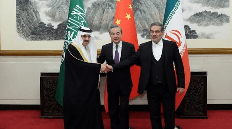 Member of the Council of Ministers of Saudi Arabia Musaid Al Aiban, with the Director of the Office of the Central Foreign Affairs Commission of the Chinese Communist Party Wang Yi and Iran’s Shamkhani, Minister of State. Photo Credit: Mehr News Agency