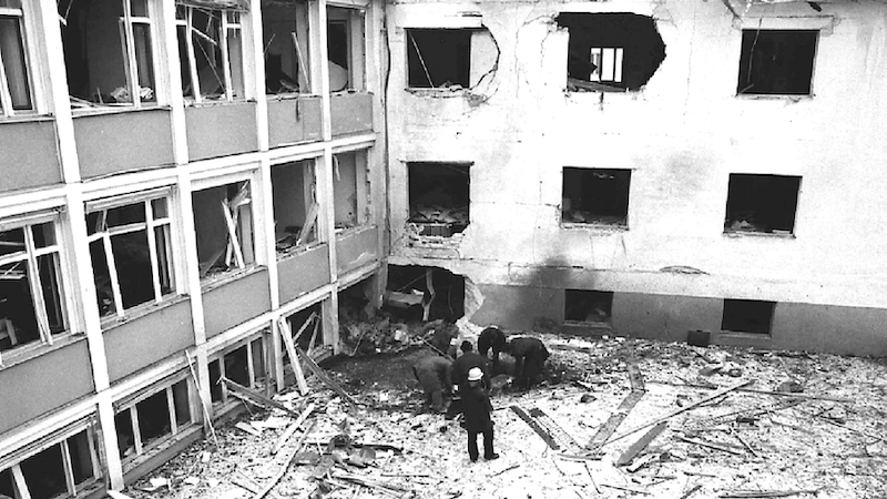 The Radio Free Europe broadcasting building in Munich after the bomb attack on February 21, 1981. Photo Credit: Richard H. Cummings / zvg RFE/RL