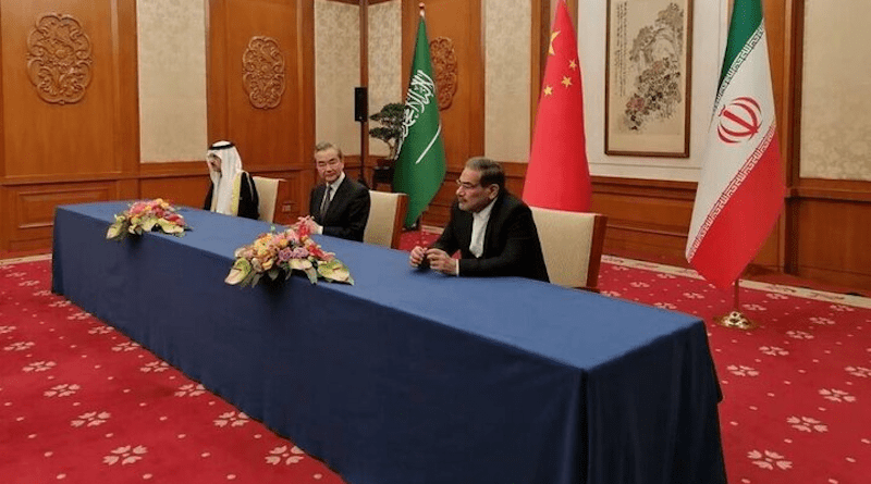 Member of the Council of Ministers of Saudi Arabia Musaid Al Aiban, with the Director of the Office of the Central Foreign Affairs Commission of the Chinese Communist Party Wang Yi and Iran’s Shamkhani, Minister of State. Photo Credit: Mehr News Agency