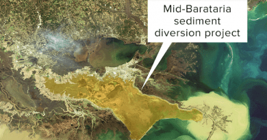 The Mid-Barataria Sediment Diversion will release sediment and water from the Mississippi River into the adjacent Barataria Basin. CREDIT: Photo courtesy of European Space Agency, CC BY-SA 3.0 IGO