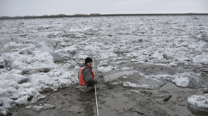 Robert Spencer sampling the Yukon River at the Yupik village of Pilot Station, Alaska, during the peak of spring thaw. CREDIT: Courtesy of Robert Spencer, Florida State University
