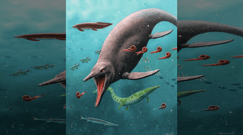 Reconstruction of the earliest ichthyosaur and the 250-million-year-old ecosystem found on Spitsbergen. CREDIT: Illustration: Esther van Hulsen.