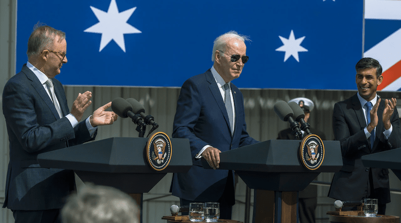 President Joe Biden, British Prime Minister Rishi Sunak and Australian Prime Minister Anthony Albanese speak at the AUKUS meeting in San Diego, March 13, 2023. Photo Credit: Chad McNeeley, DOD