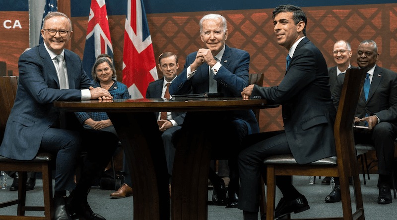 President Joe Biden, British Prime Minister Rishi Sunak and Australian Prime Minister Anthony Albanese at the AUKUS meeting in San Diego, March 13, 2023. Photo Credit: Chad J. McNeeley, DOD
