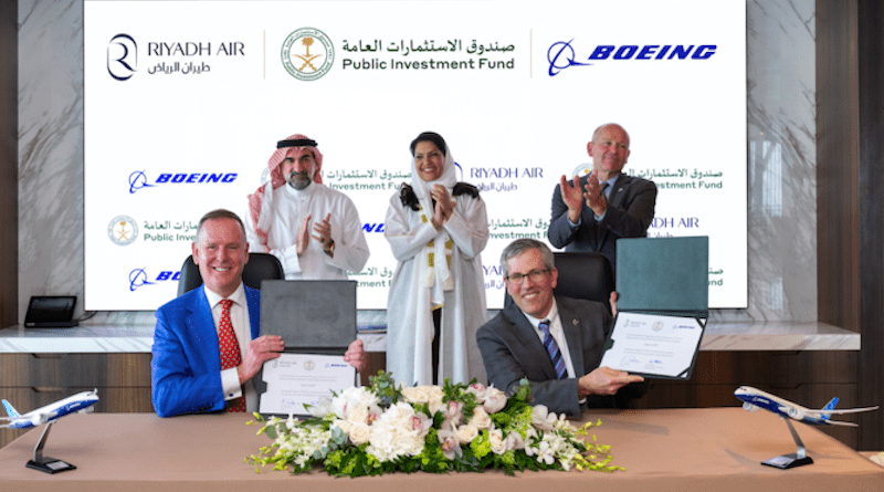 Tony Douglas, CEO of Riyadh Airlines; Yasser Othman Al-Rumayyan, governor of the Public Investment Fund and chairman of Riyadh Airlines; Princess Reema bint Bandar, ambassador to the US; David Callahon, CEO of Boeing; Brad McMalone, senior vice president, commercial airplanes, Boeing (Supplied)