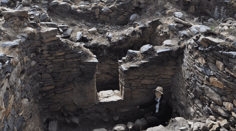 Grávalos inside an ancient Recuay household at the archaeological site of Jecosh in Ancash, Peru. Recuay was one of the local cultures with whom Wari interacted during their imperial expansion. Photo credit: Emily Sharp.