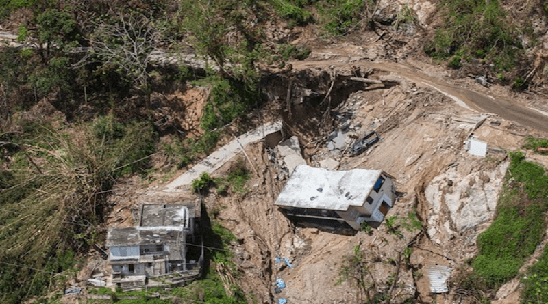 Aerial view of destroyed homes in the mountainous area of Utuado, Puerto Rico. After Hurricane Maria, many homes, businesses, roads, bridges, and government buildings suffered major damage due to strong winds and heavy rain. Source: Andrea Booher, FEMA.