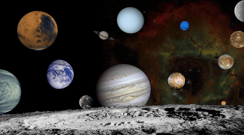 Solar system montage of the nine planets and moons of Jupiter in our solar system. CREDIT: NASA/JPL/ASU