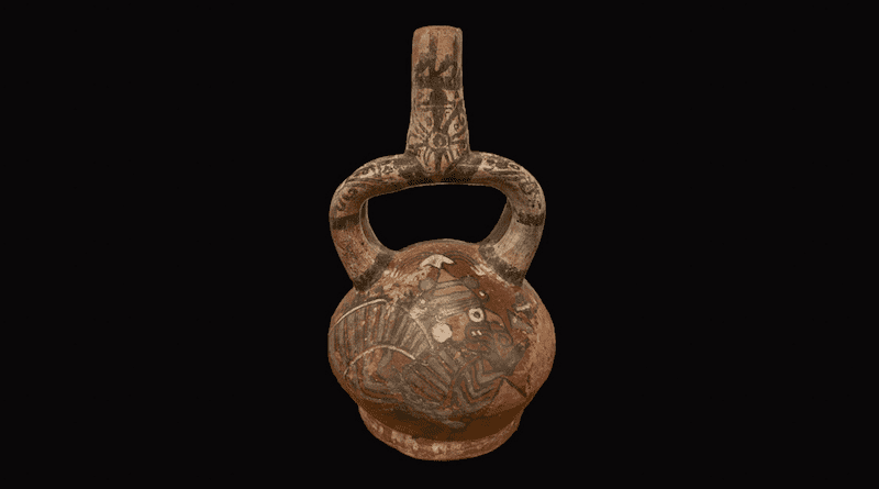 A ceramic vessel from the Moche region of northern Peru with Wari-influenced pigments and decoration techniques. CREDIT: Photo courtesy of the Field Museum anthropology collections (FM 2959.171668)