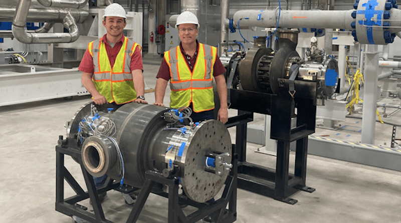 SwRI’s John Klaerner, lead turbine engineer, and Dr. Jeff Moore, the principal investigator of the STEP Demo project, are pictured with the recently assembled sCO2 turbine for the 10 MWe demonstration plant under construction at SwRI. The facility, developed through a collaboration between SwRI, GTI Energy, GE Research and the U.S. Department of Energy/National Energy Technology Laboratory (DOE/NETL), has achieved its first operation with CO2 at supercritical fluid conditions in its compressor section, which represents significant progress toward readying the facility for system-level testing. CREDIT: Southwest Research Institute