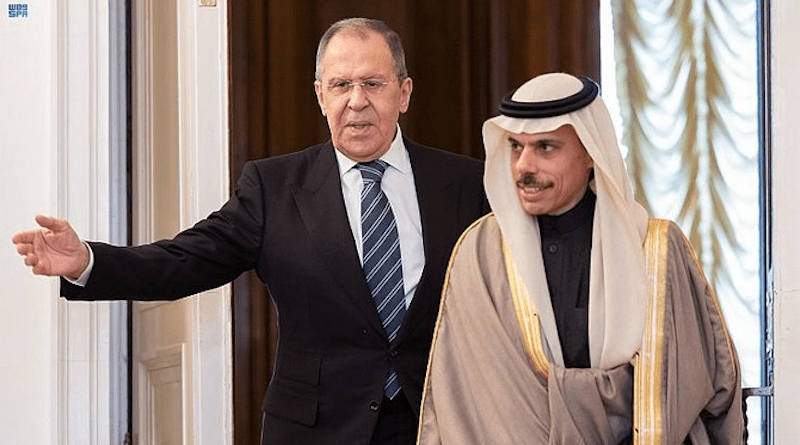 Saudi Arabia’s Foreign Minister Prince Faisal bin Farhan is welcomed in Moscow by his Russian counterpart Sergey Lavrov. (SPA)