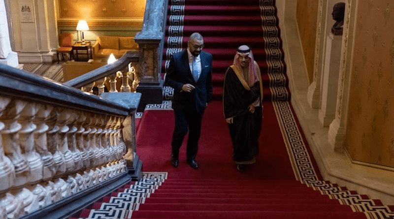 Saudi Arabia’s Foreign Minister Prince Faisal bin Farhan and his British counterpart James Cleverly met in London on Monday. (SPA)