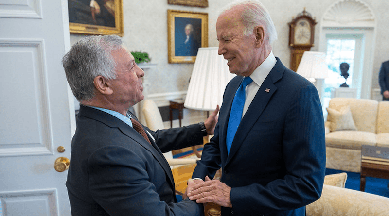 President Joe Biden greets King Abdullah II of Jordan, Thursday, February 2, 2023, in the Oval Office. (Official White House Photo by Adam Schultz)