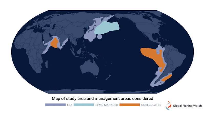 The study area considered in this paper focused on four regions: the southwest Atlantic Ocean, northwest Indian Ocean, and the northwest and southeast Pacific Ocean. CREDIT: Global Fishing Watch