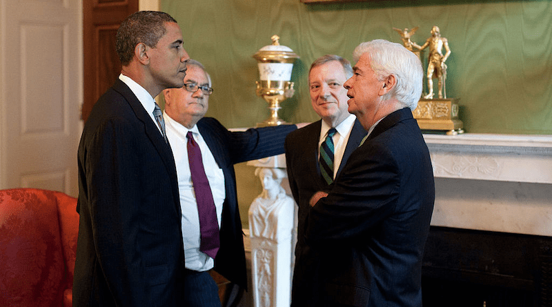 President Barack Obama meeting with Rep. Barney Frank, Sen. Dick Durbin, and Sen. Chris Dodd, at the White House prior to a financial regulatory reform announcement on June 17, 2009. Photo Credit: The White House